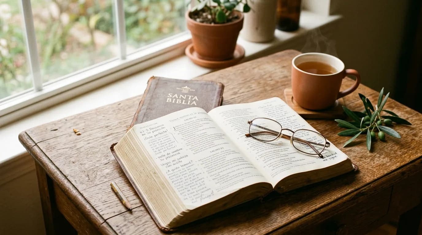 Biblia de estudio, té matutino y lectura reflexiva